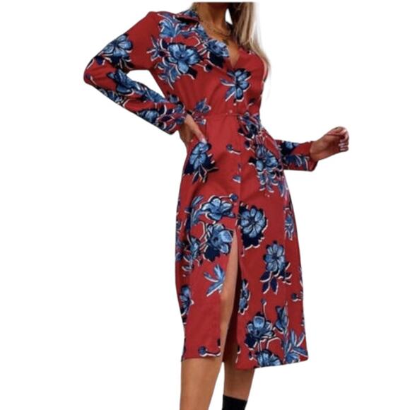 NWT - Zara Floral Print Midi Dress Red/Blue Women's Size: Small - Picture 2 of 7